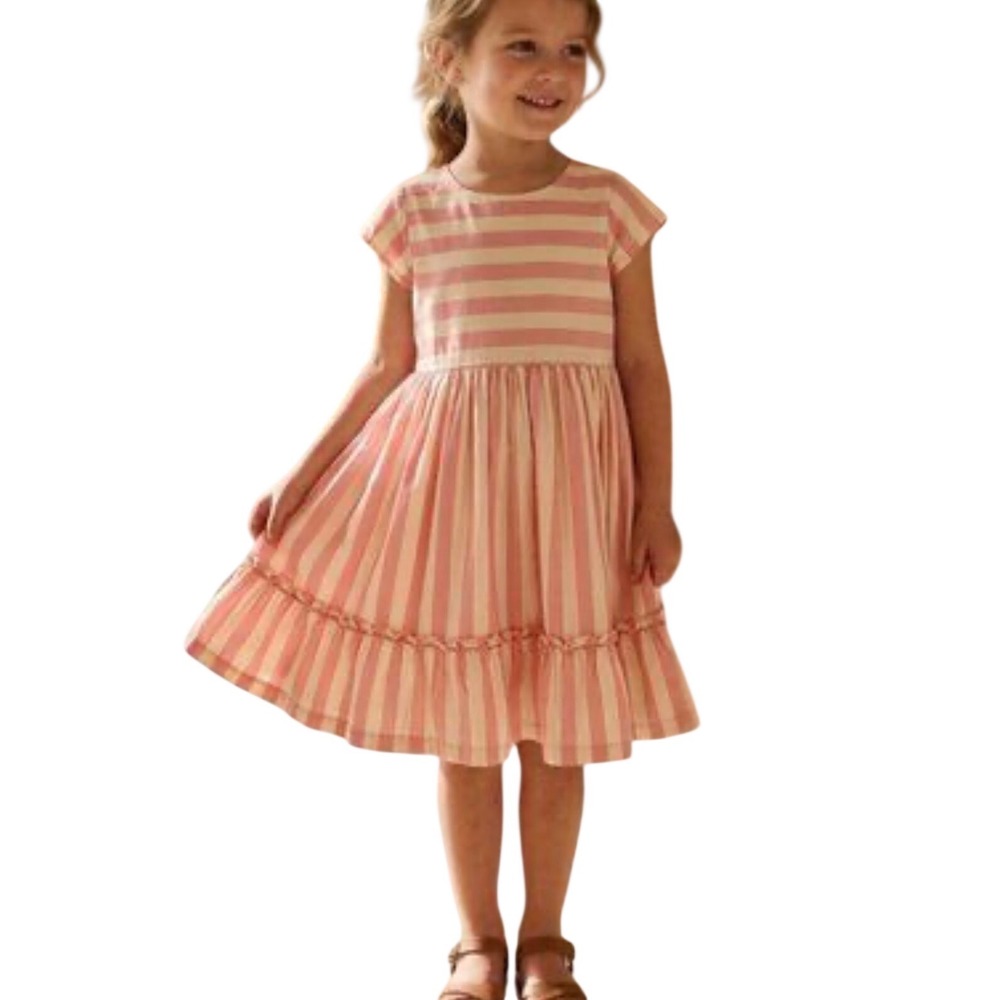 Pink Chicken Striped Dress Kids 4Y Pink White Cotton Ruffle Hem Short Sleeve